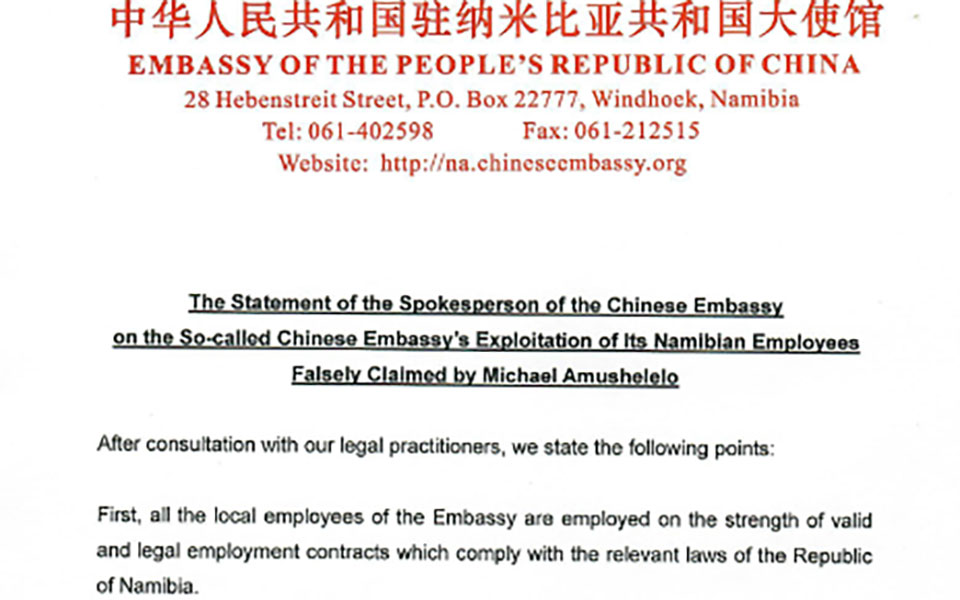 L'ambassade de Chine en Namibie dément les accusations de maltraitance